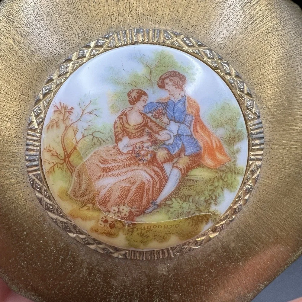 Vintage Gold Tone Compact Ceramic Courting Couple Plate Signed Fragonard